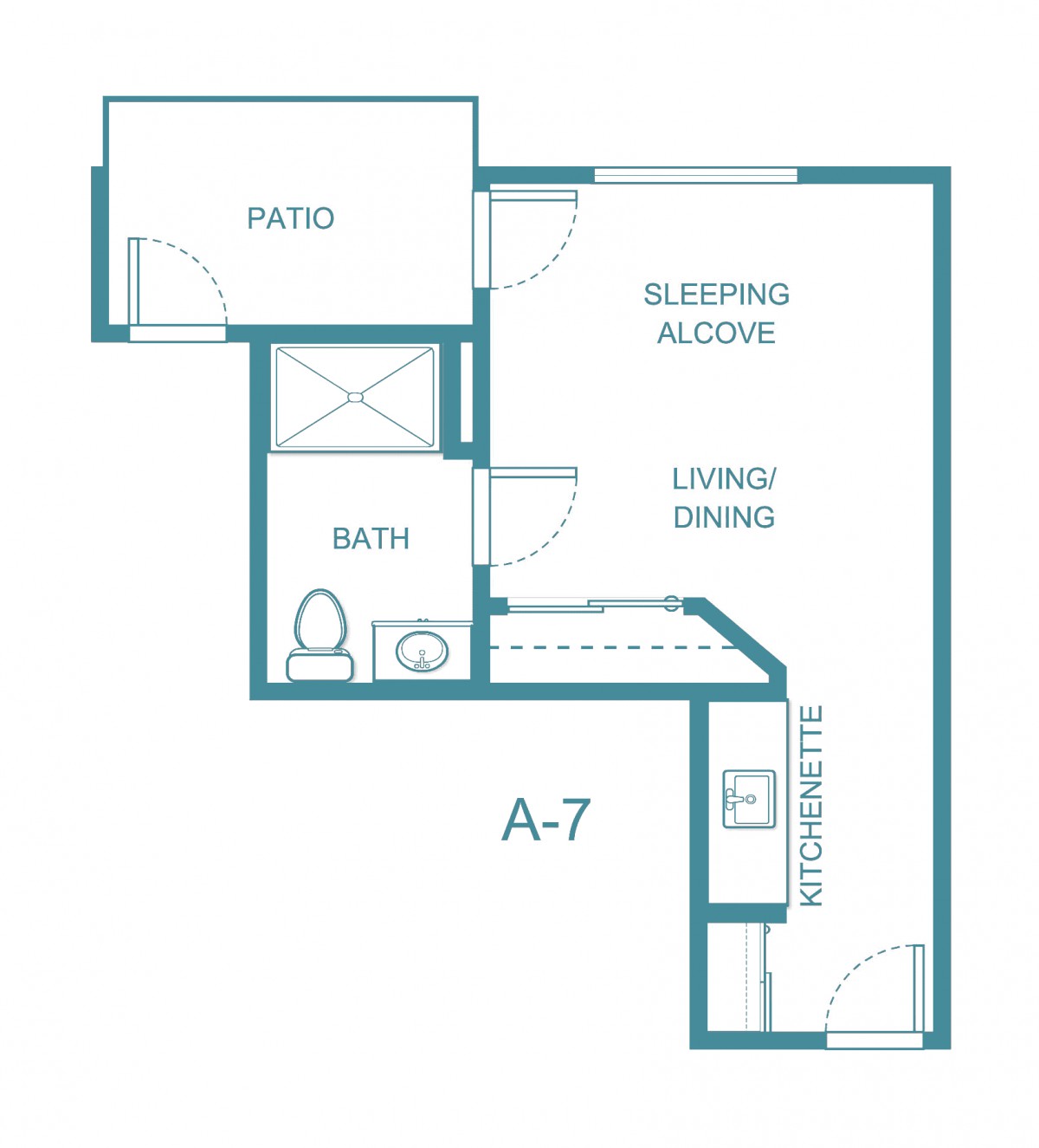 A floor plan of a studio apartment with labeled sections including a sleeping alcove, living/dining area, kitchenetic, bath, and patio.