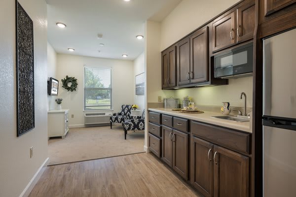 A modern open-plan kitchen and living area featuring wood cabinets and contemporary furniture.