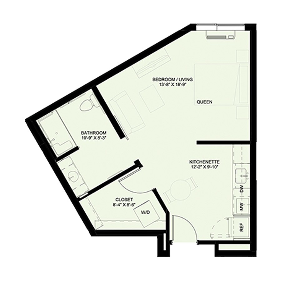 A detailed floor plan of an apartment, showcasing the layout of rooms and spaces.