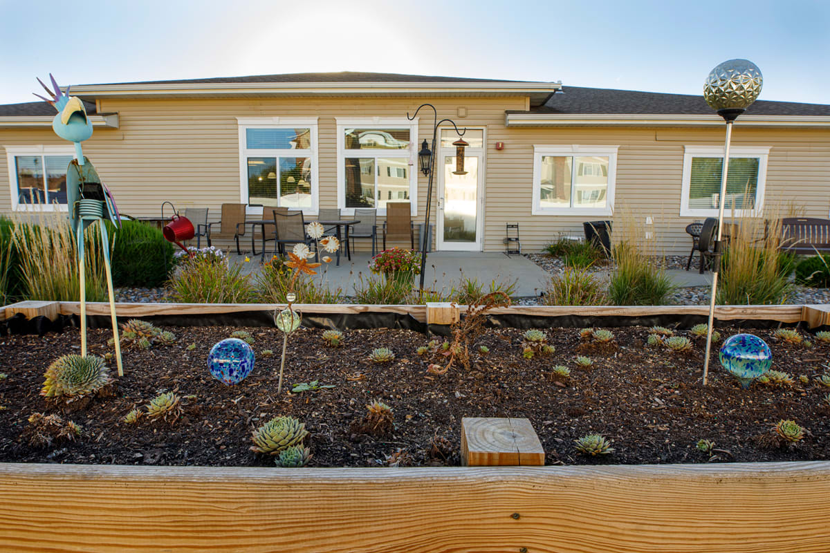 A modern backyard with a desert landscaped garden and patio seating area.