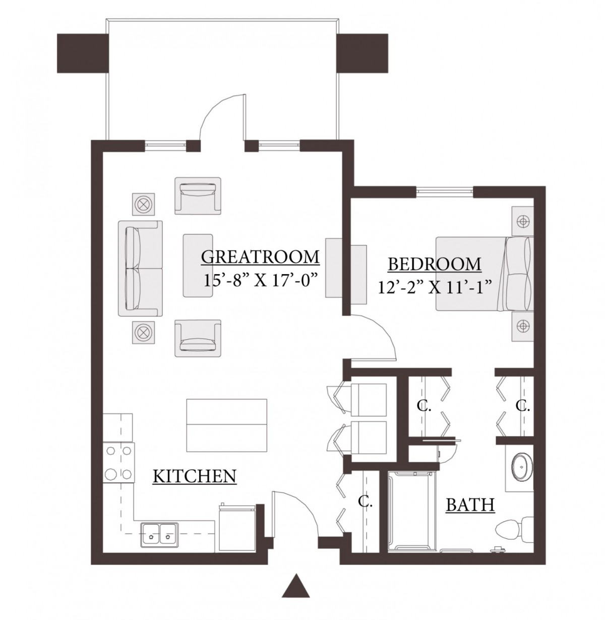 A floor plan of a small apartment with a living room, bedroom, kitchen, and bathroom.