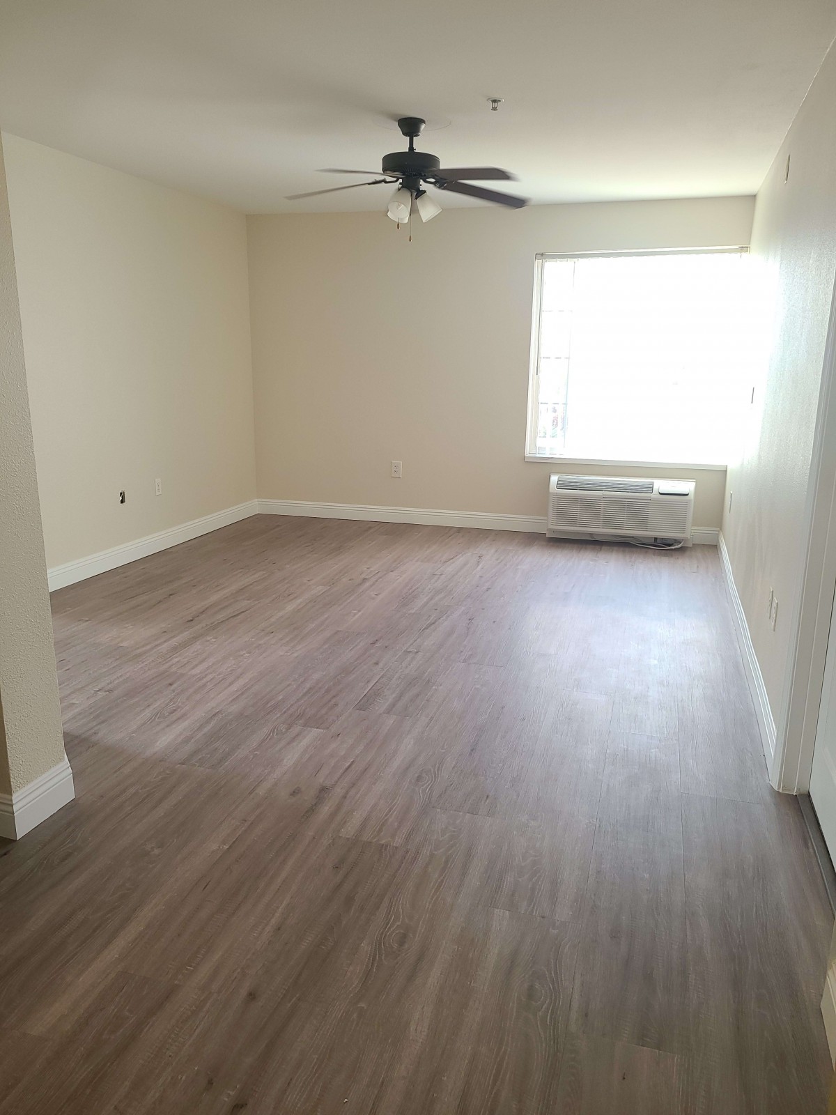 An empty room with hardwood flooring and a ceiling fan, illuminated by natural light from a large window.