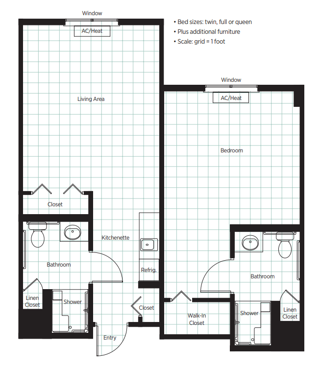 A floor plan of a two-bedroom apartment with designated areas for living, dining, and bathrooms.