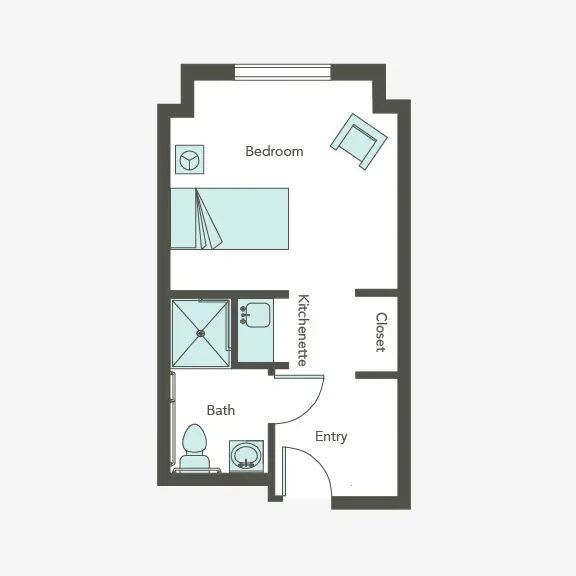 A simple floor plan of a small apartment with a bedroom and bathroom.