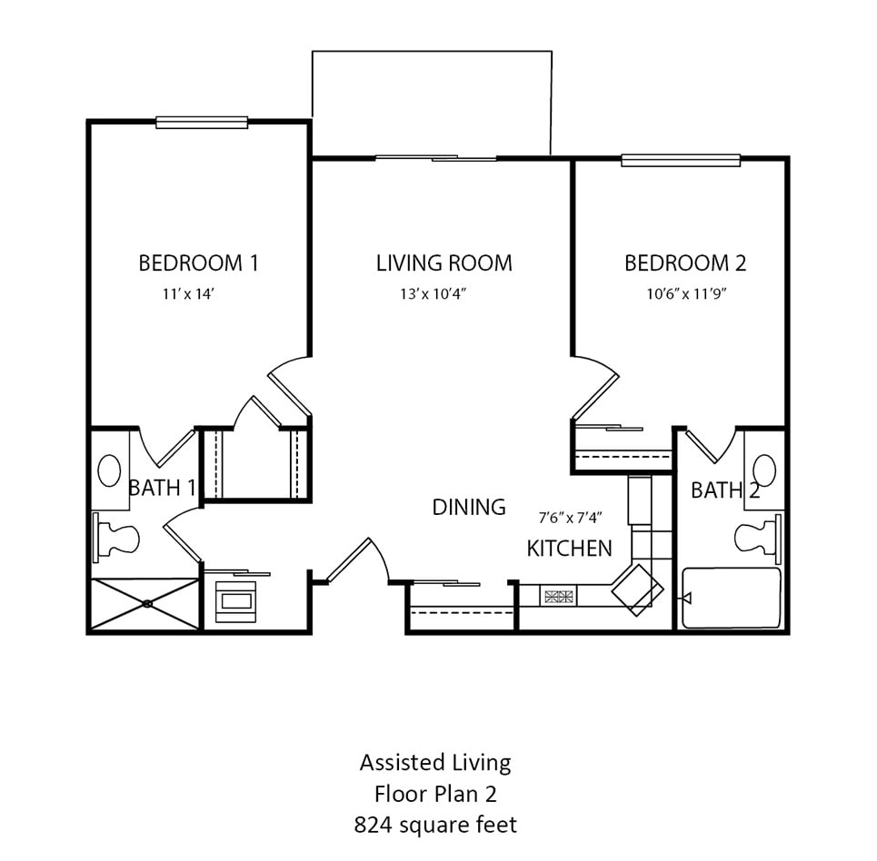 Floor plan for a two-bedroom assisted living apartment, featuring a living room, kitchen, dining area, and two bathrooms.
