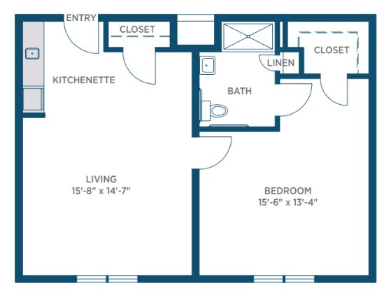 A floor plan showing a one-bedroom apartment with a living area, kitchenette, and bathroom.