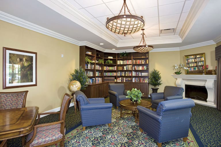 A cozy library lounge with comfortable seating, bookshelves, and decorative elements.