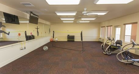 A versatile exercise room equipped with a stationary bike, basketball, and badminton net.