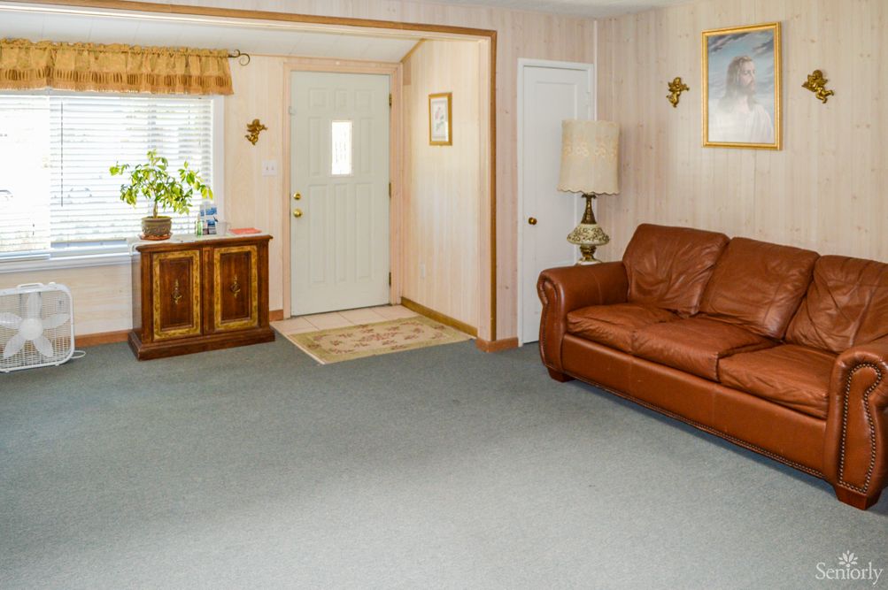 A cozy living room with a leather sofa and stylish decor.