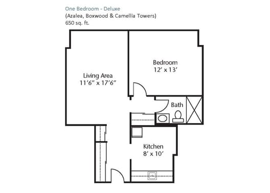 A floor plan of a one-bedroom deluxe apartment, featuring labeled areas including a living area, bedroom, bathroom, and kitchen.
