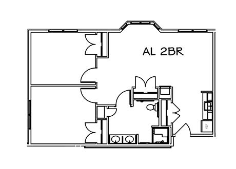 Architectural floor plan of a two-bedroom apartment.