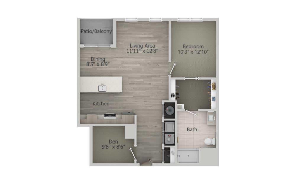 One-bedroom apartment floor plan with living room, kitchen, and bathroom.