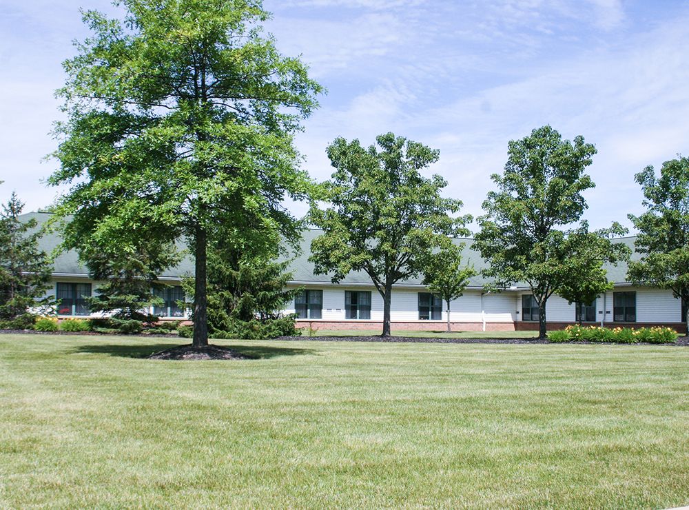 A building surrounded by trees with a green lawn under a clear sky.