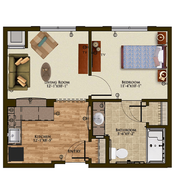 Floor plan of a one-bedroom apartment featuring a living room, kitchen, and bathroom.
