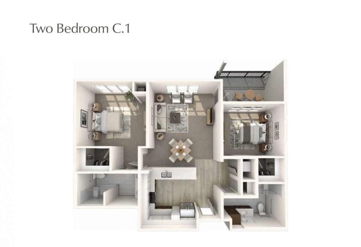 3D floor plan of a multi-bedroom apartment layout.