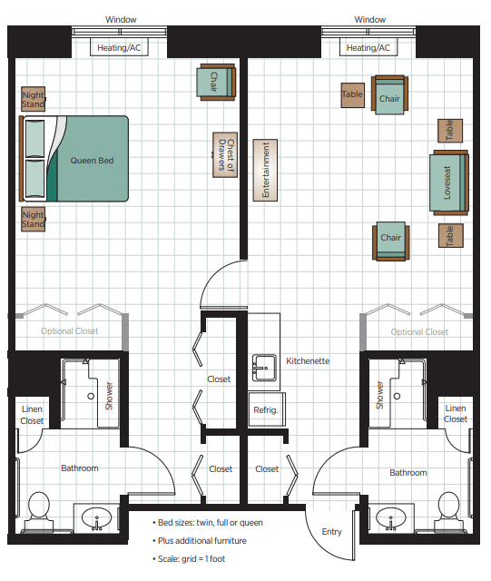 A detailed floor plan of a two-bedroom apartment with living areas, bathrooms, and kitchen.