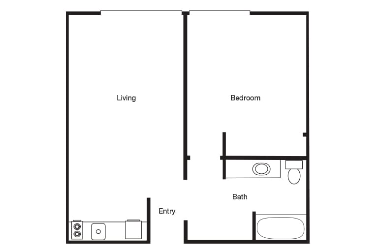 A simple one-bedroom apartment floor plan with a living room, kitchen, and bathroom.