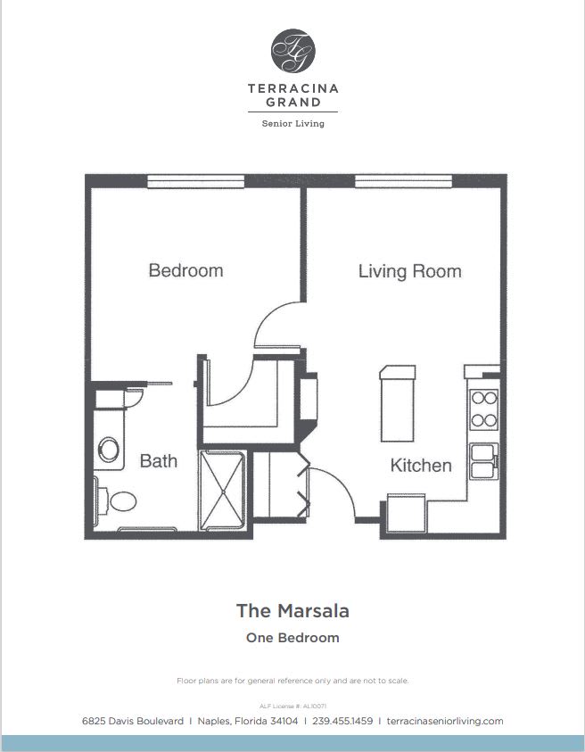 A floor plan of a one-bedroom apartment featuring a living room, kitchen, and bathroom.