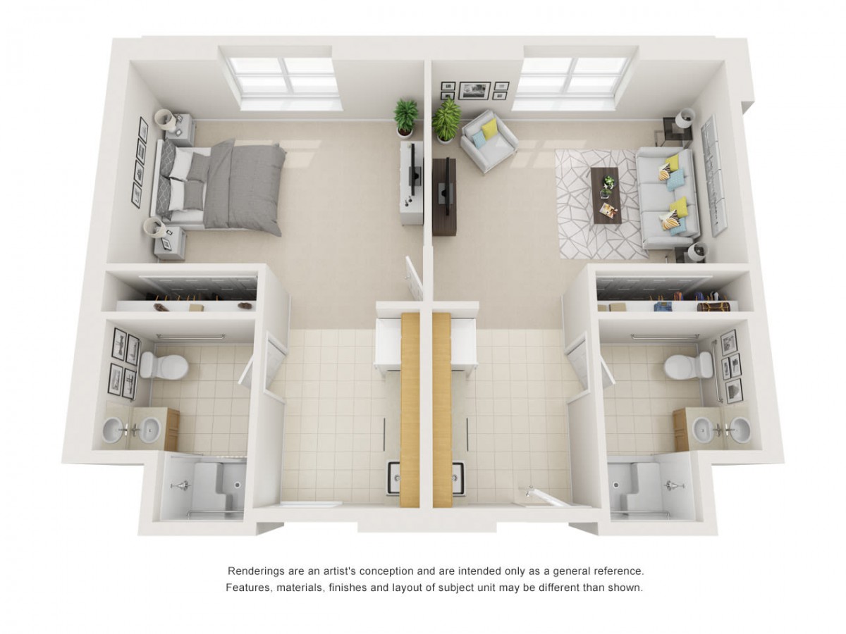 A 3D floor plan of a two-bedroom apartment with separate living and kitchen areas.