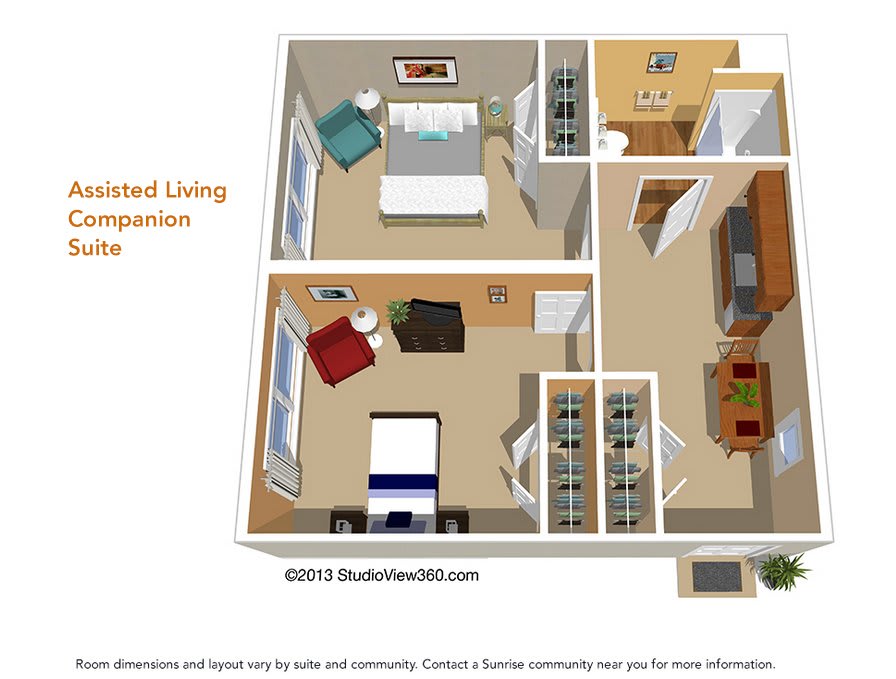 3D floor plan of a two-bedroom apartment with labeled areas.