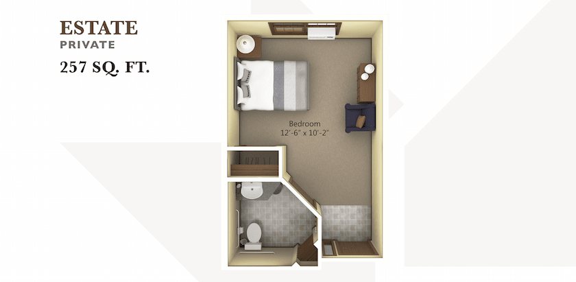 A compact bedroom layout with a bed, desk, and attached bathroom.