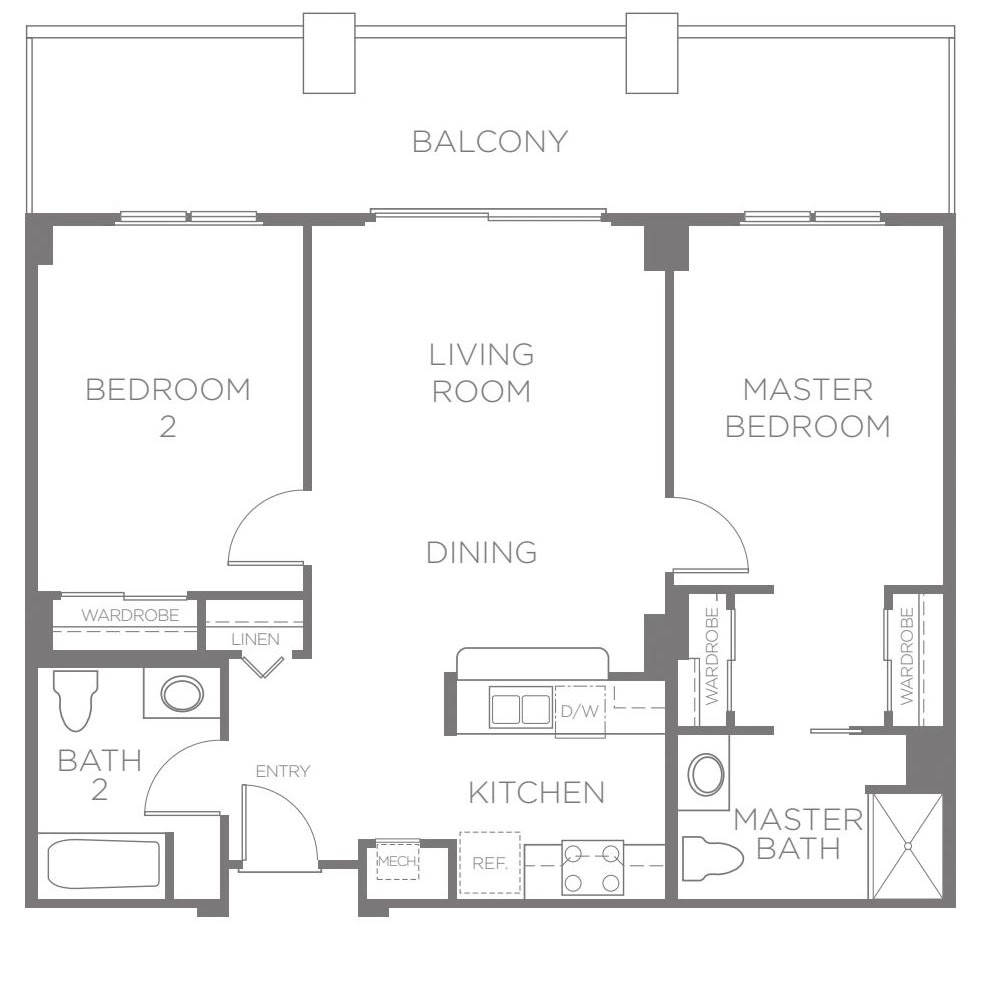 A two-bedroom apartment floor plan featuring a balcony, living room, kitchen, and two bathrooms.