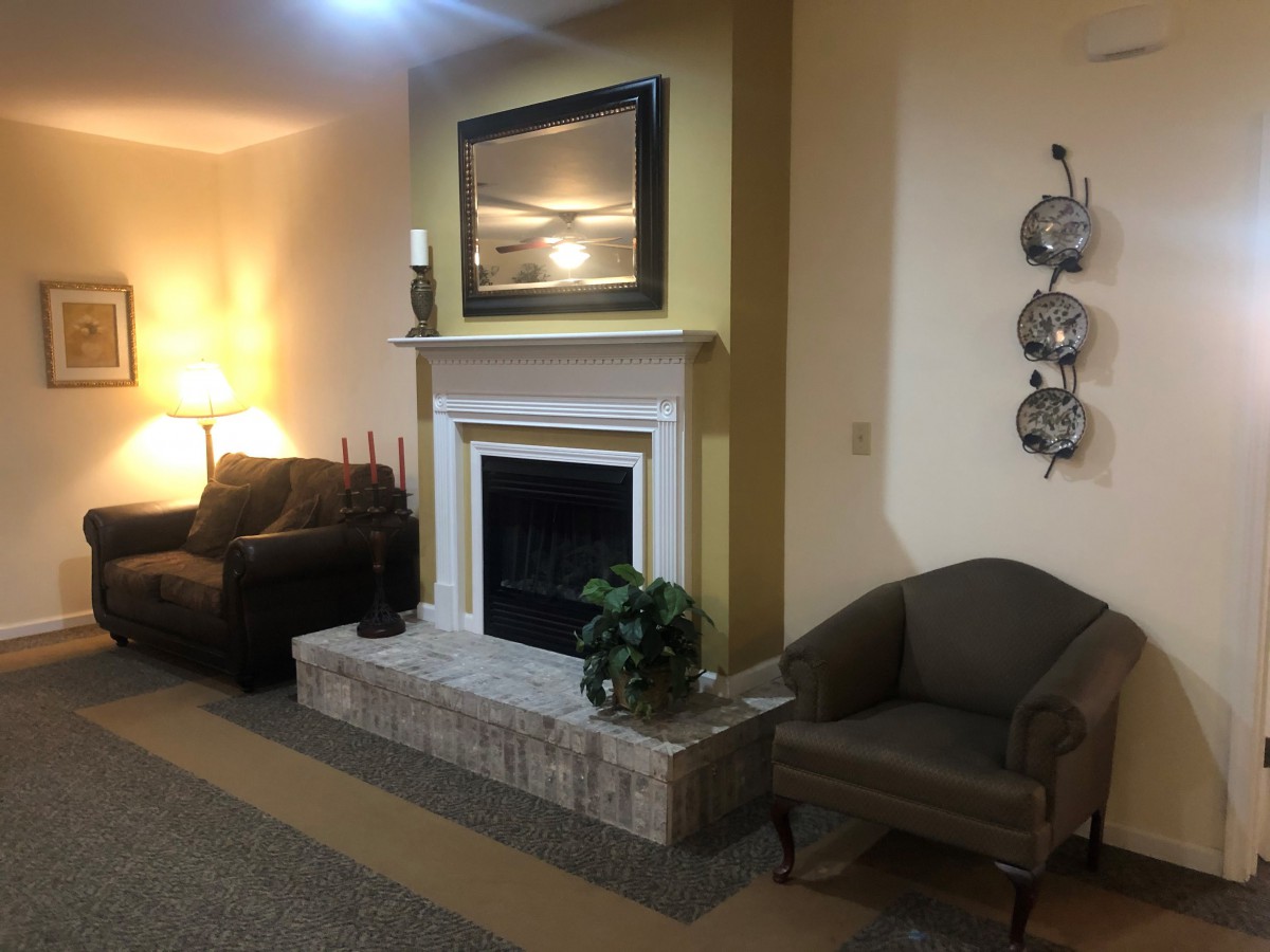 A cozy living room with a fireplace, comfortable seating, and elegant decor.