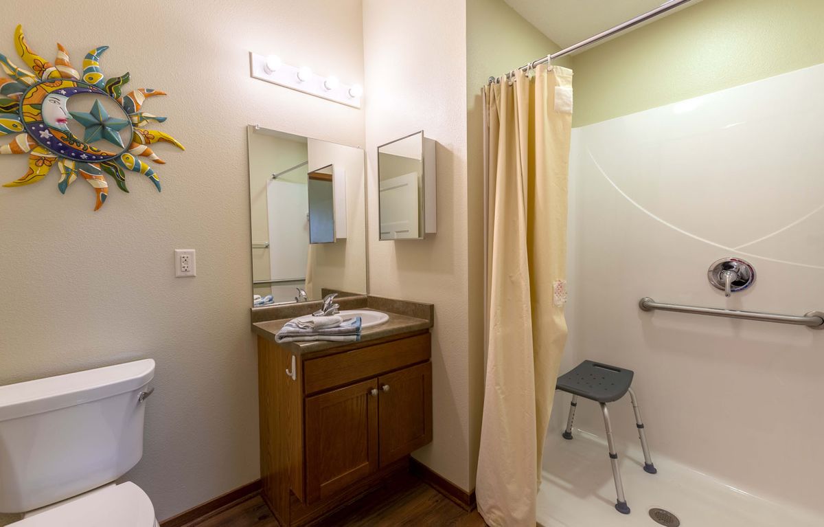 A well-lit bathroom with a vanity, mirror, and accessible shower area.