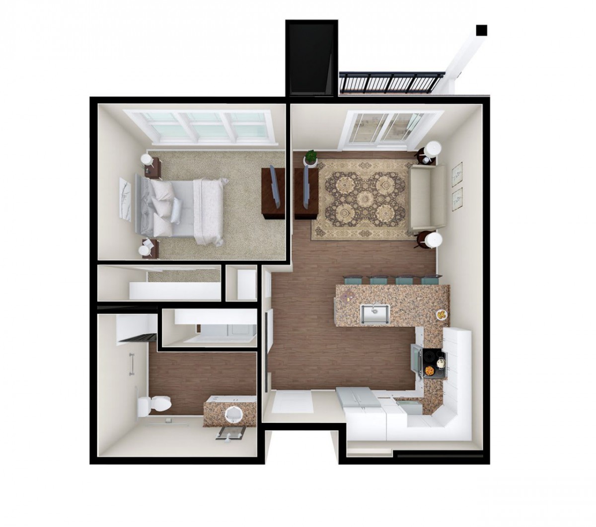 A 3D floor plan of a one-bedroom apartment featuring a living room, kitchen, bathroom, and bedroom.