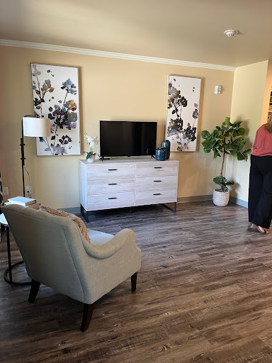 A cozy living room setup featuring modern furniture and decorative elements.