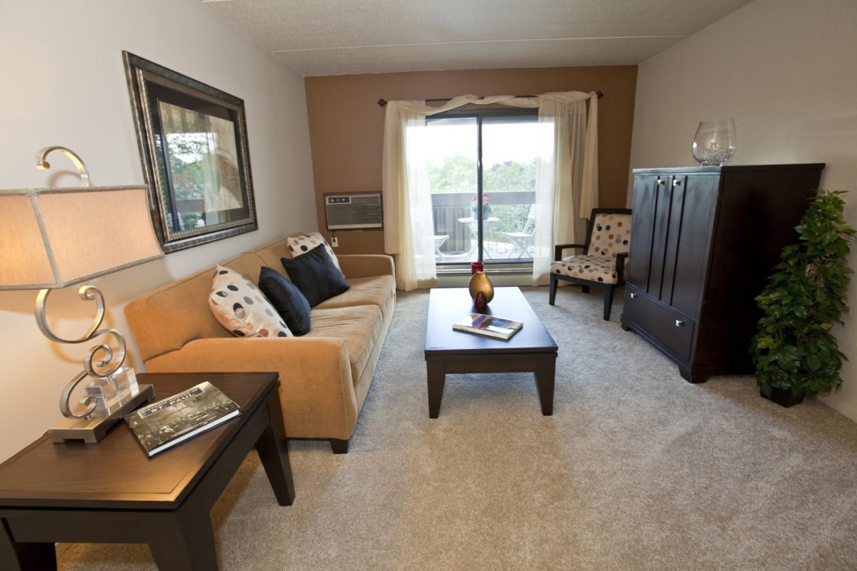 A cozy living room with a sofa, coffee table, and decorative elements.
