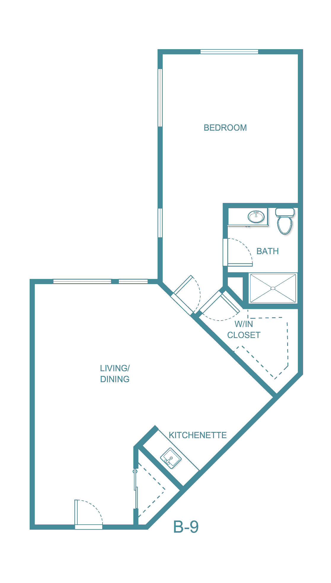 A blueprint of a one-bedroom apartment layout.