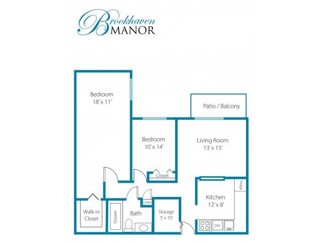 A floor plan of a two-bedroom apartment at Broadmoor Manor, featuring a living room, kitchen, and bathroom.