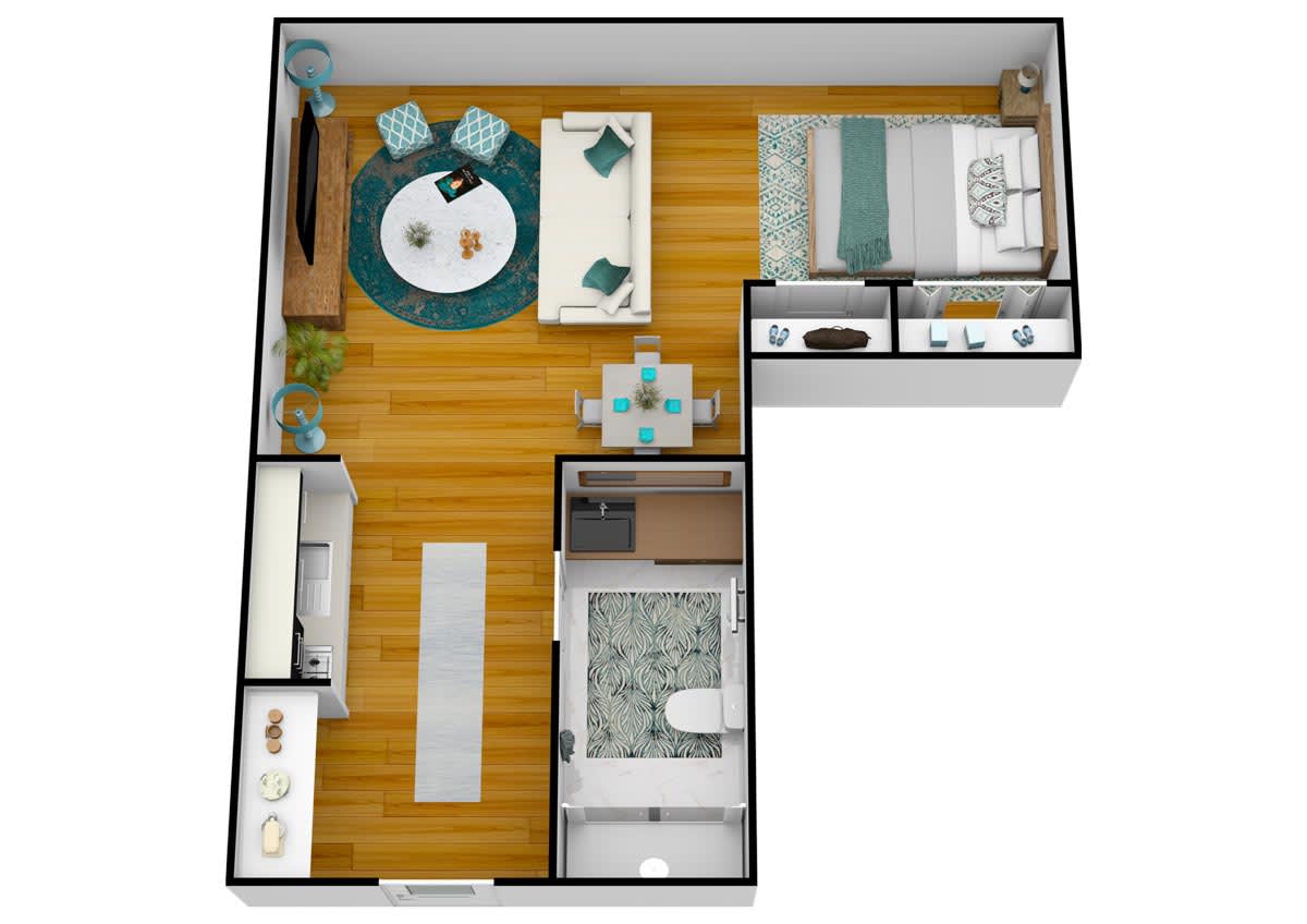 A 3D floor plan of a one-bedroom apartment featuring a living room, kitchen, and bathroom.