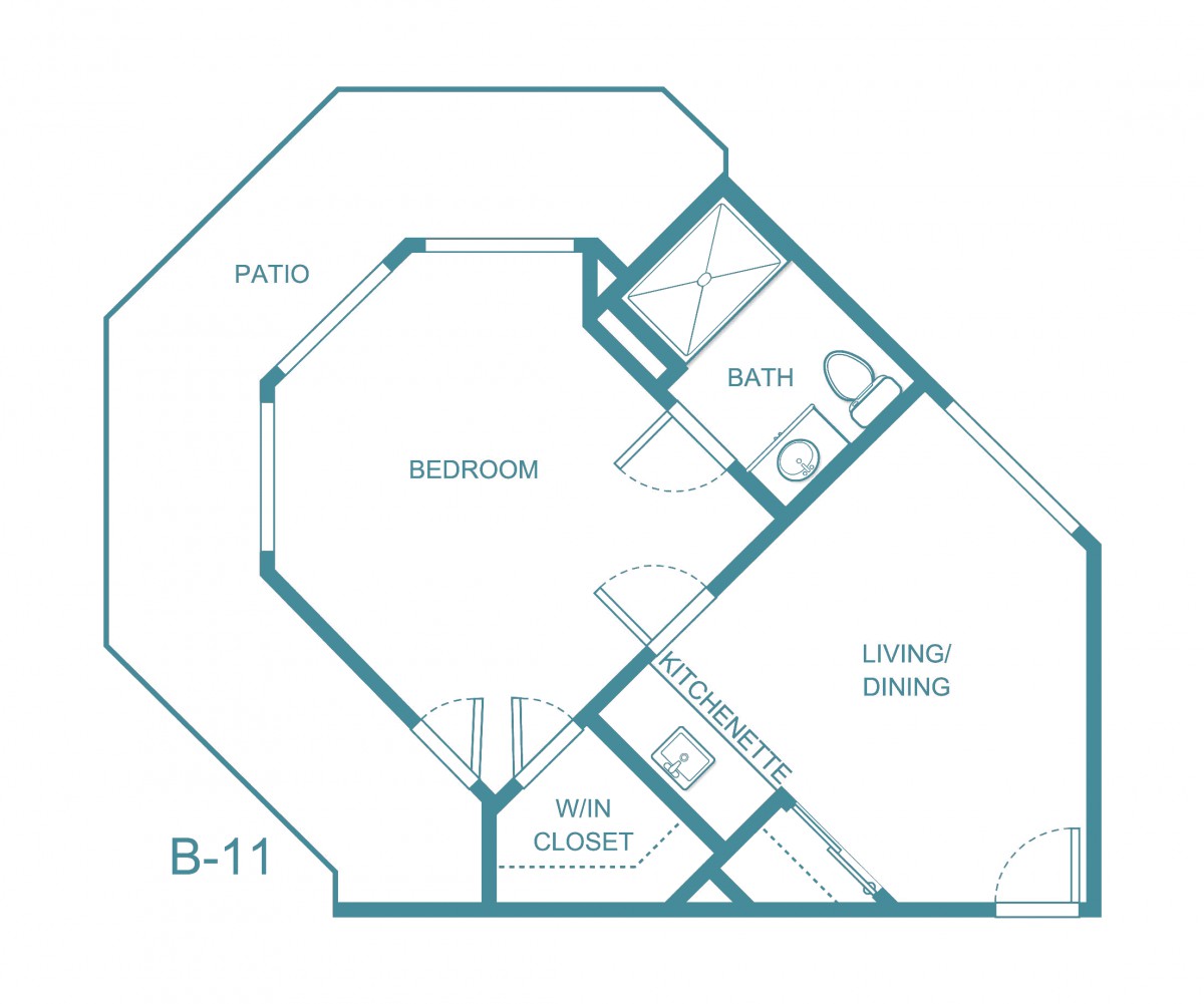 A floor plan of an apartment featuring a bedroom, living area, bathroom, and patio.