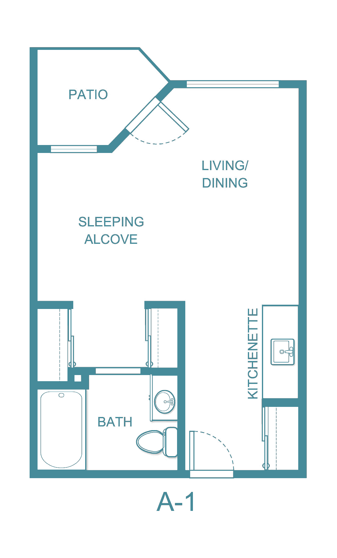 Studio apartment floor plan showing living/dining area, sleeping alcove, bath, and kitchenette.
