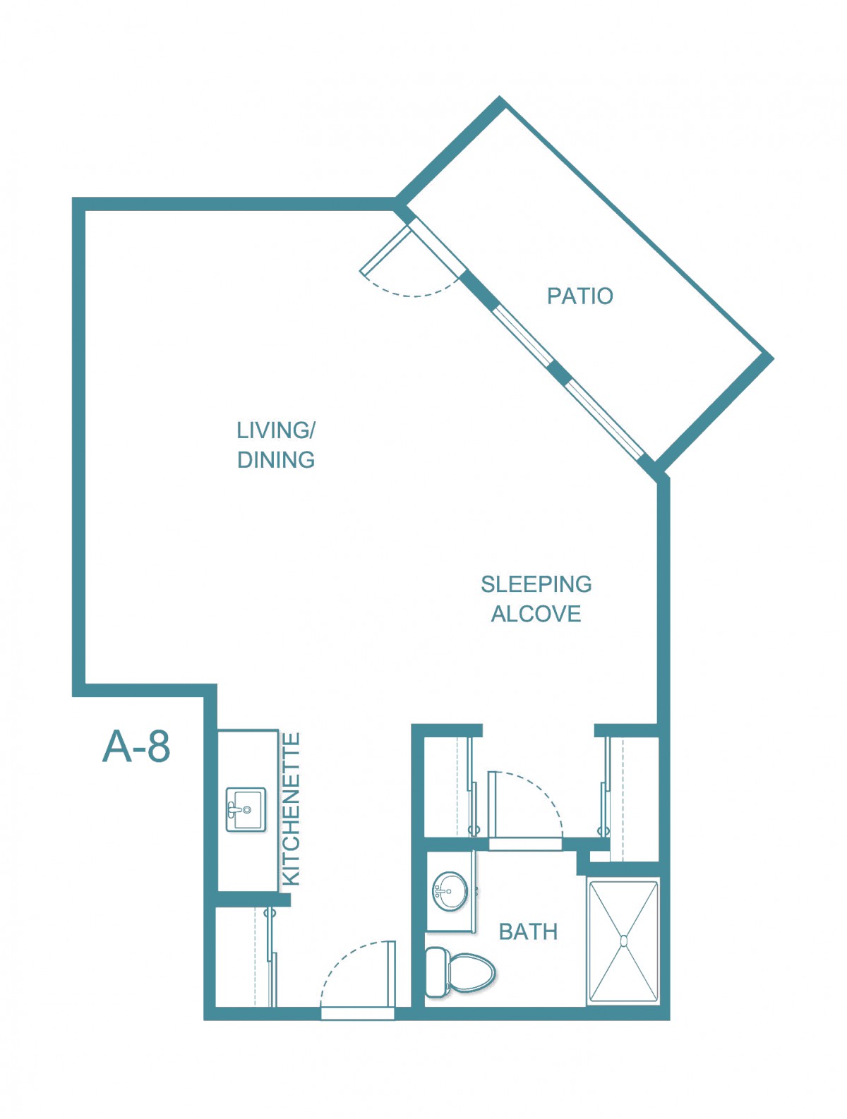 A-8 studio apartment floor plan featuring a living area, sleeping alcove, bathroom, and patio.