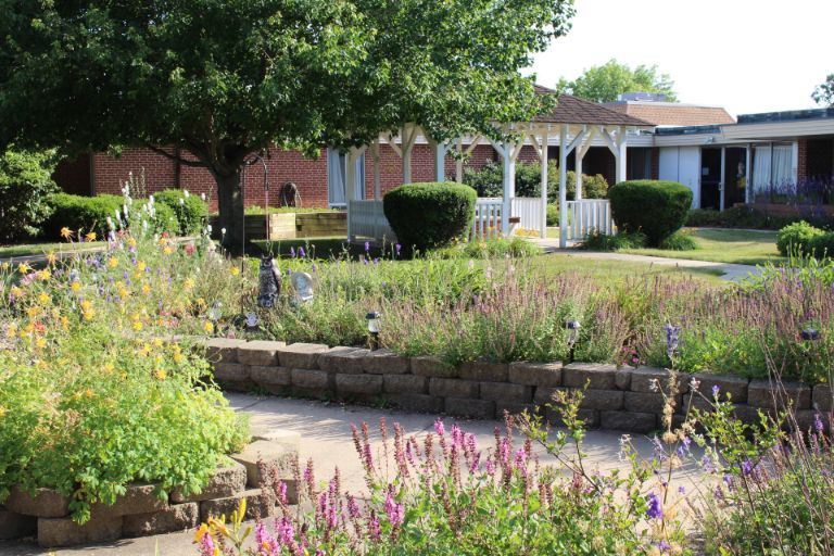 A serene garden with a gazebo surrounded by lush greenery and colorful flowers.