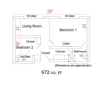 A floor plan of a 672 sq. ft. apartment with two bedrooms, a living room, kitchen, and bathroom.