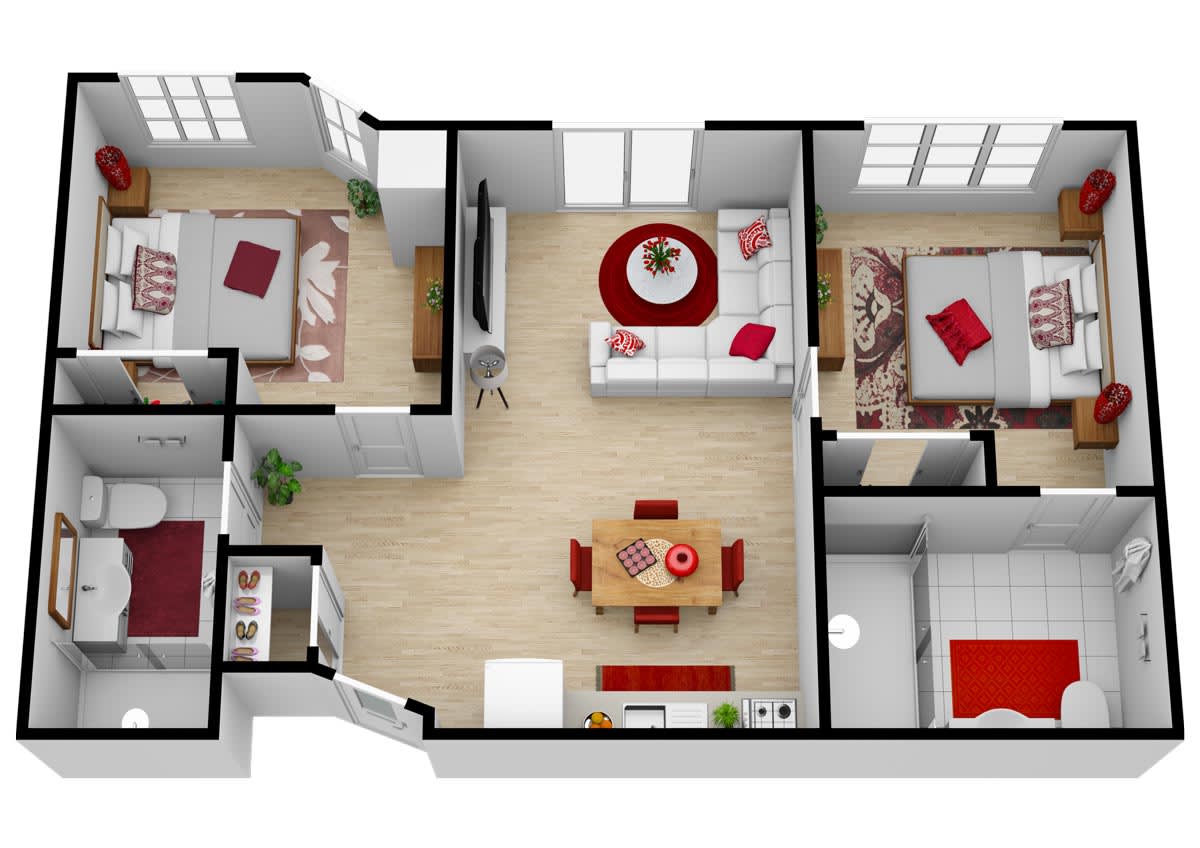 A 3D rendered floor plan of an apartment showcasing a modern interior layout.