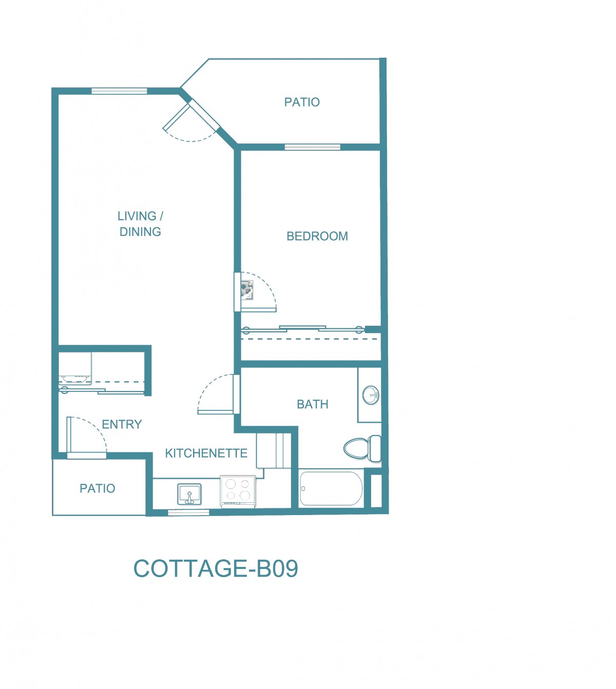 Floor plan of a cottage with labeled rooms including a living room, bedroom, kitchen, and bath.