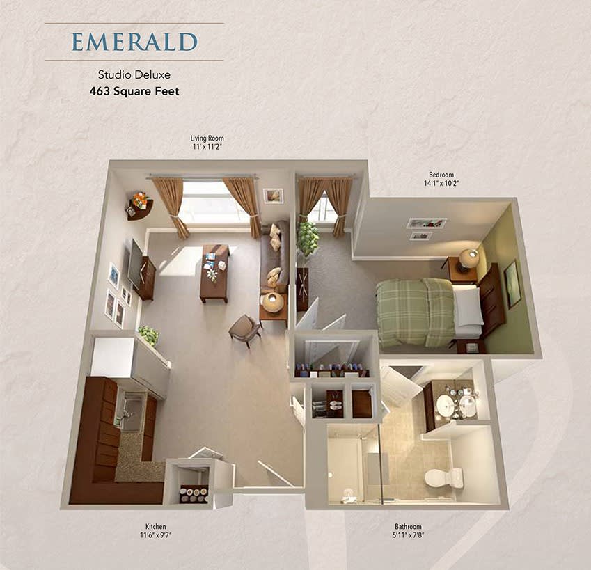 3D floor plan of a one-bedroom apartment named 'Emerald' at The Reserve at St. John's River.