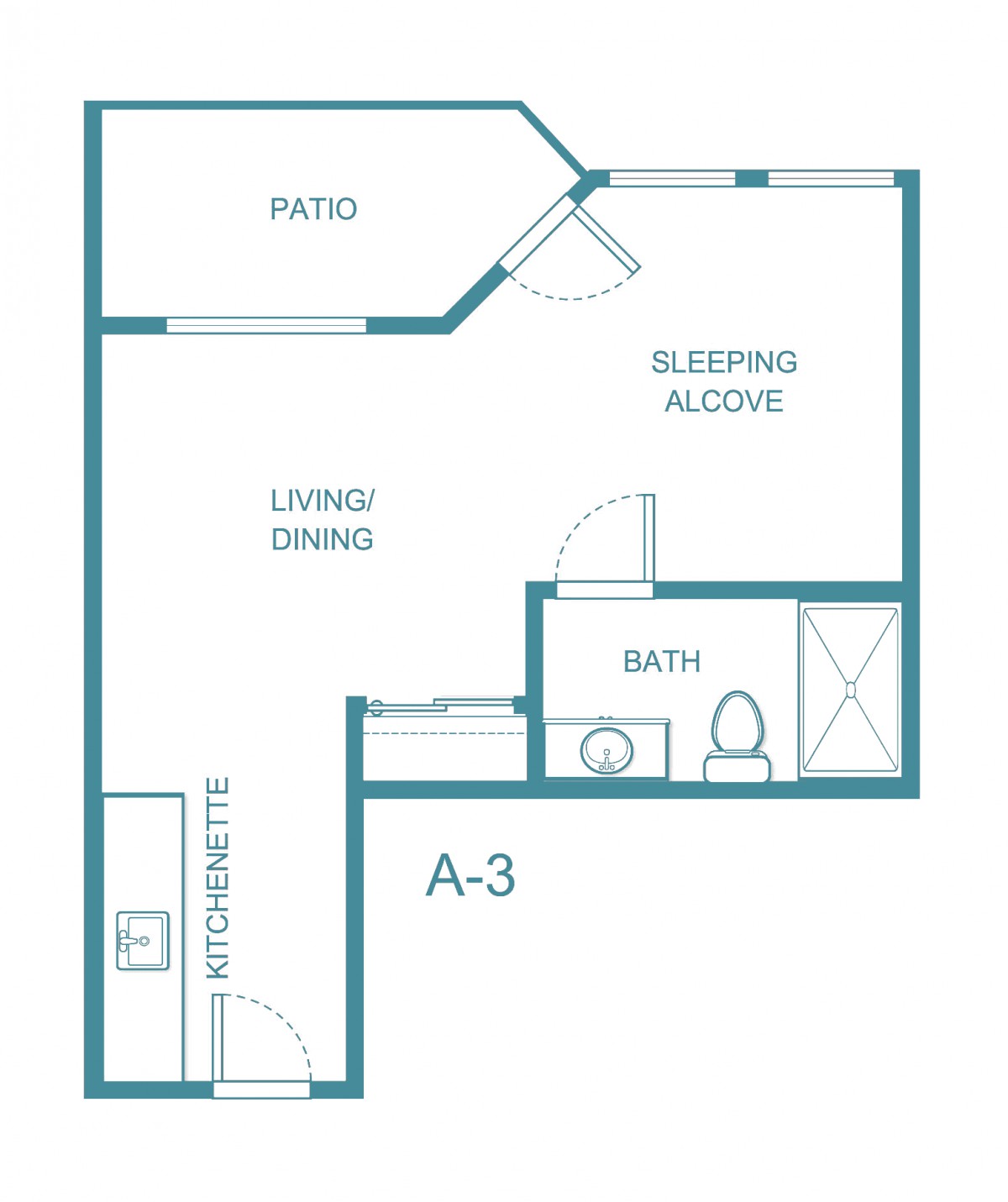 A floor plan of a studio apartment featuring a sleeping alcove, living/dining area, bathroom, kitchen, and patio.