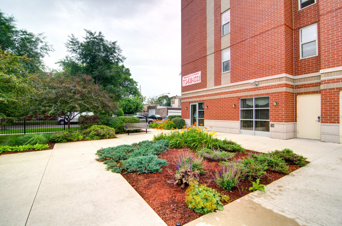 A well-landscaped garden area next to a brick building with pathways and greenery.