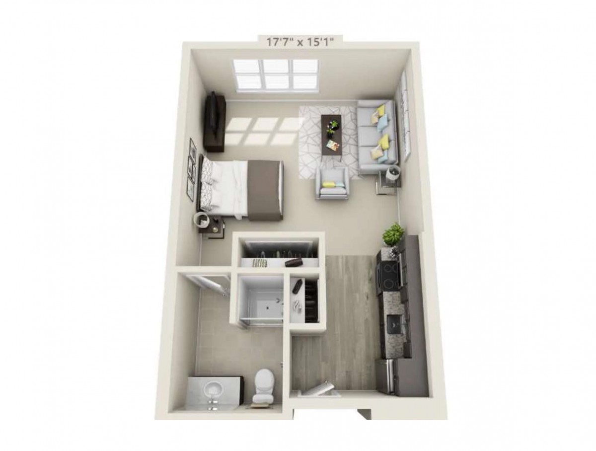 A 3D floor plan of a one-bedroom apartment with an open living area and modern design.