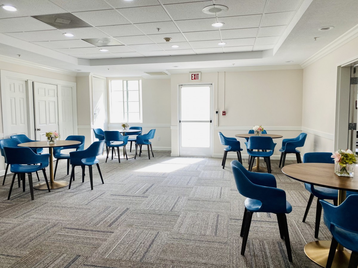 A modern dining room with blue chairs and natural lighting.
