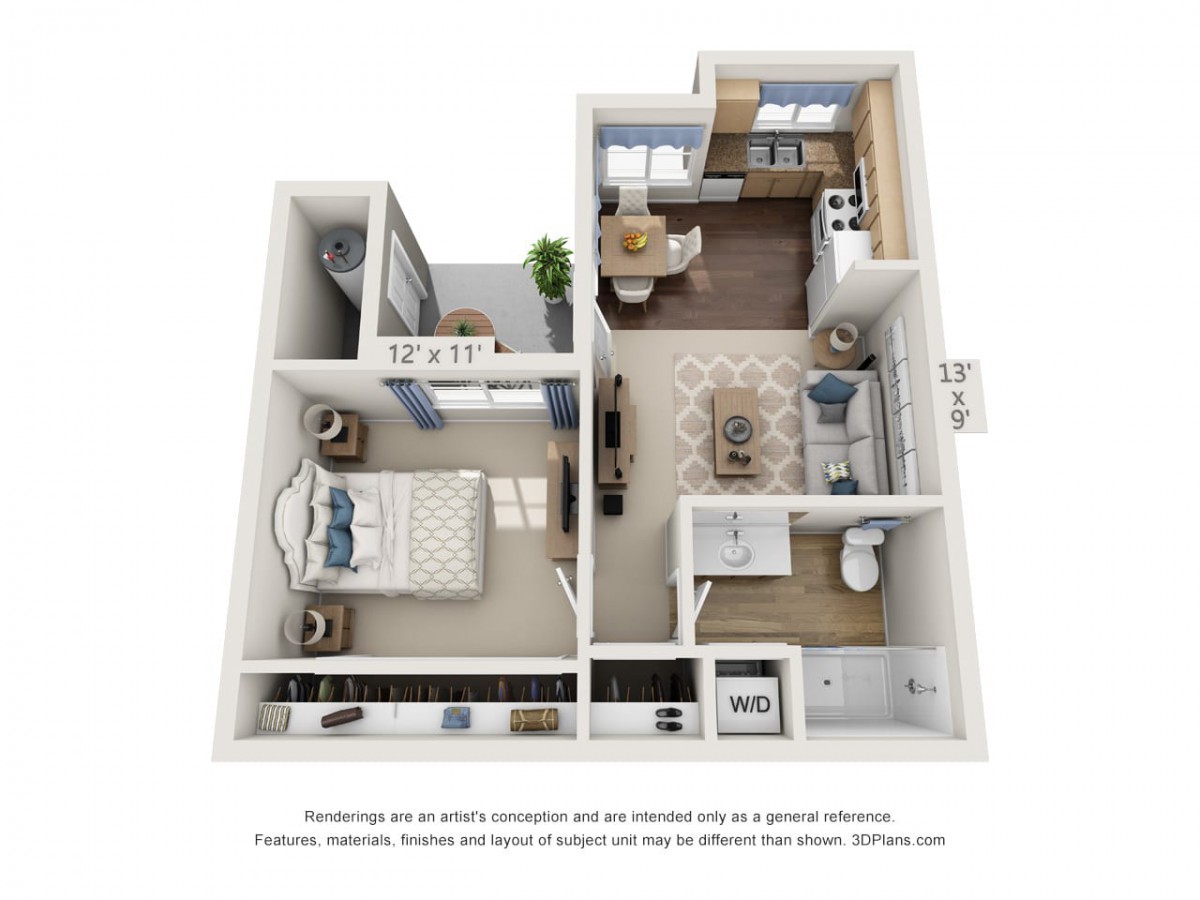 A 3D floor plan of a one-bedroom apartment featuring a living room, kitchen, and bathroom.