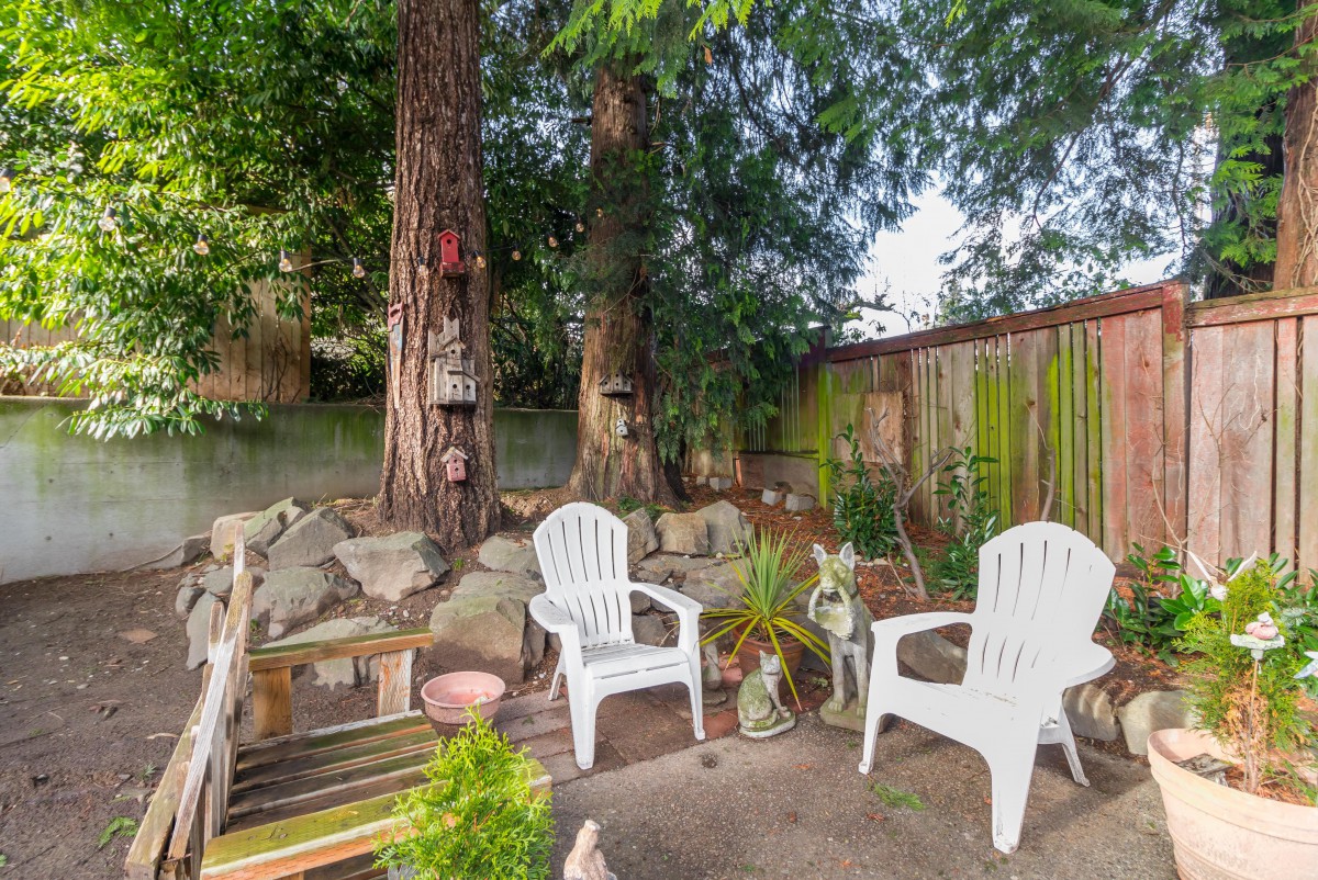A cozy backyard patio with white chairs and lush greenery.