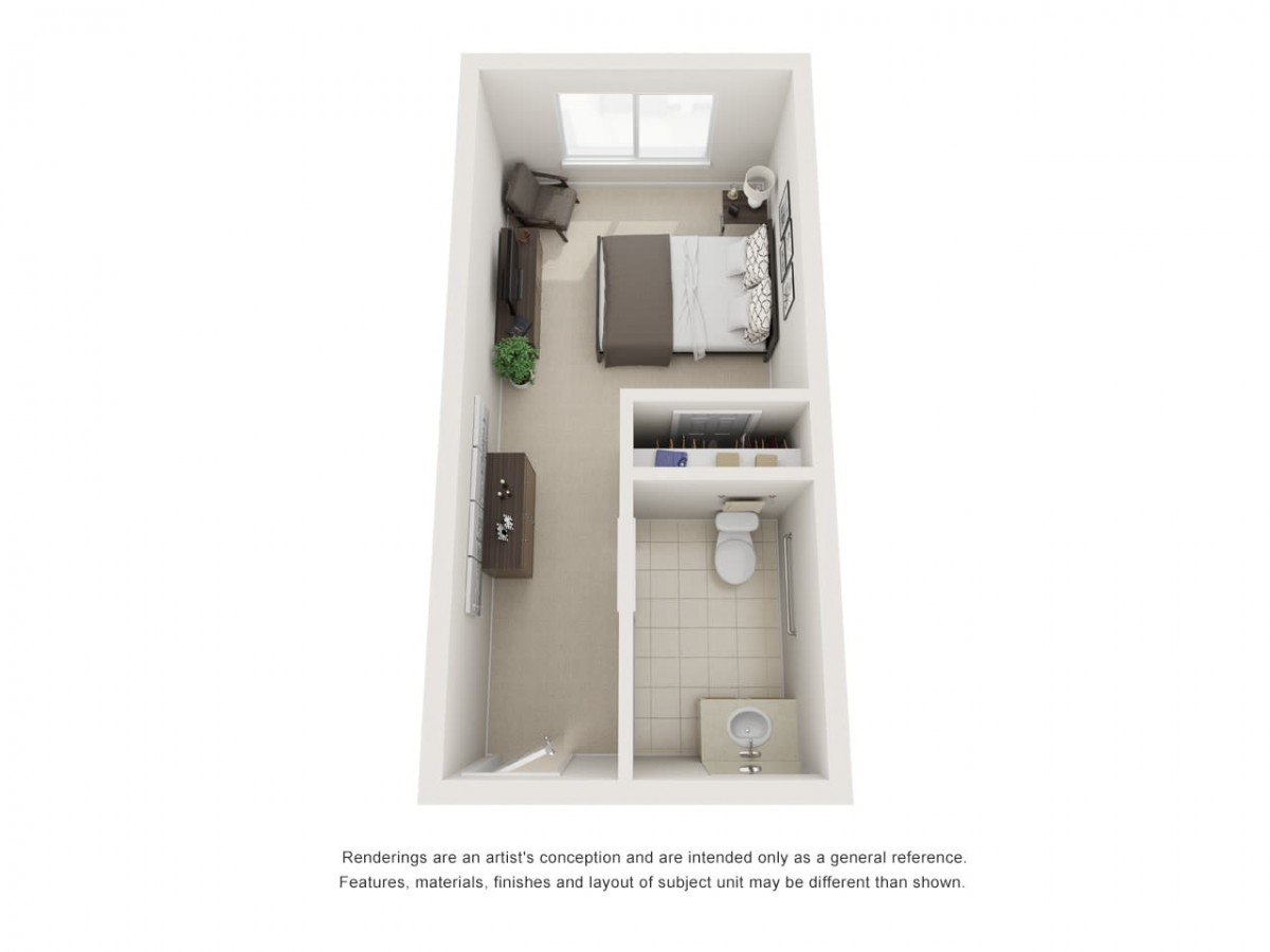3D floor plan of a small apartment with a bedroom and bathroom.