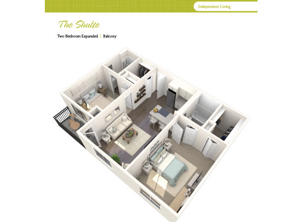 A 3D floor plan of a two-bedroom apartment featuring a bathroom, living room, and kitchen.